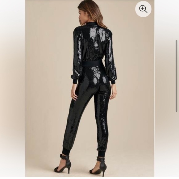 Venus black sequin jumpsuit long sleeve track suit one piece zip front Size XS - Picture 2 of 9